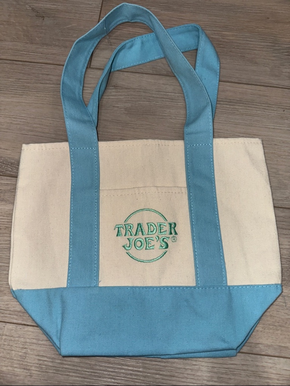 Trader Joe's Cream and Light Blue Canvas Tote Brand New!